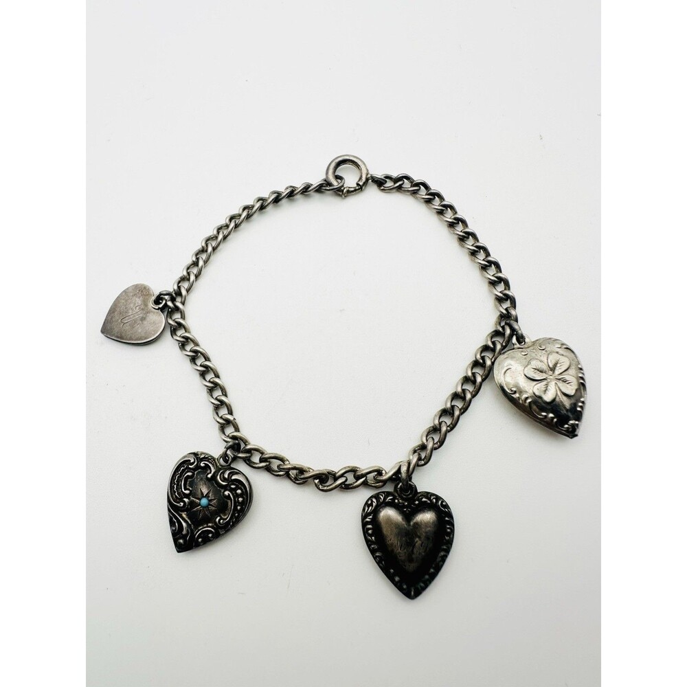 Antique Victorian Sterling Silver Puff Heart Charm Bracelet 7.5”